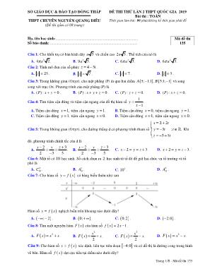 Đề thi thử THPT Quốc gia môn Toán lần 2 năm 2019 - Mã đề 135 - Trường THPT chuyên Nguyễn Quang Diêu (Có đáp án)